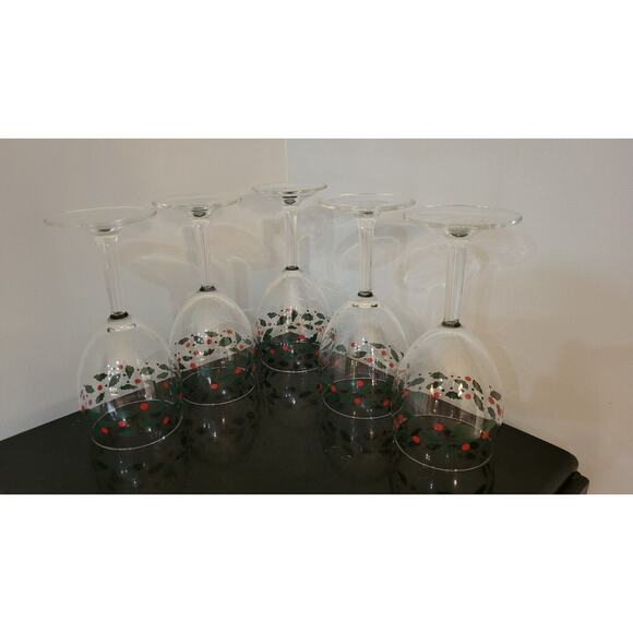 Christmas Holly Berry Gold Confetti Wine Glasses Set of 5 Holiday Stemware 7 In - Picture 12 of 12